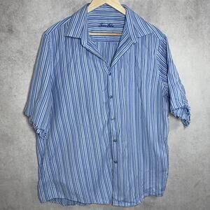 Unique Mens Blue White Button Down Shirt Short Sleeve Distressed Sleeve XL